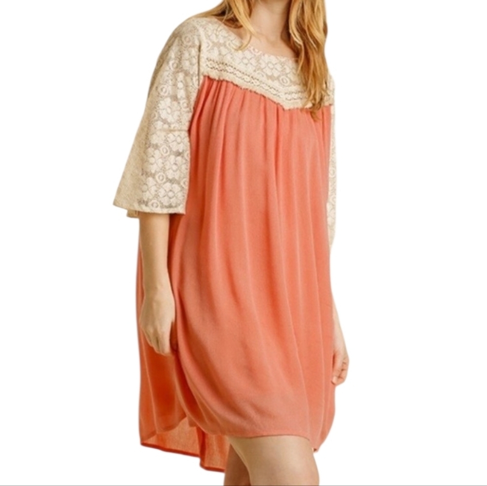 Umgee Orange Lace Bell Sleeve MiniTunic Dress/Top